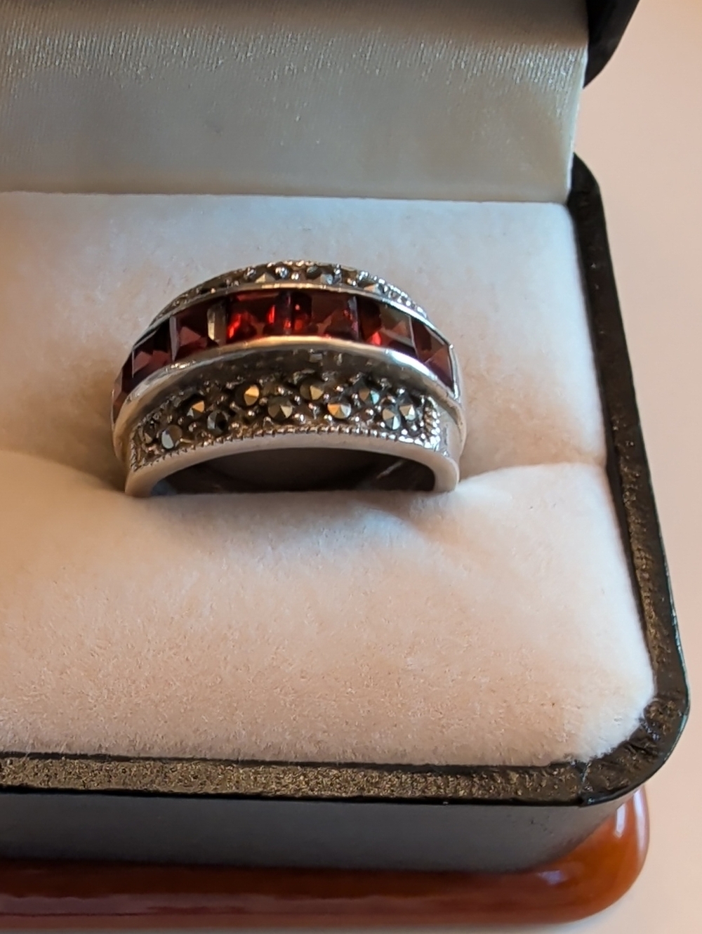 Vintage Silver Ring with Deep Red Channel Stones and Marcasite Accents